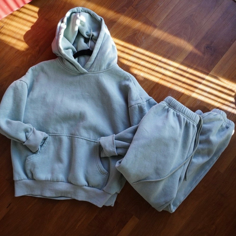 Thick material matching hoodie and sweat pants set. Both size small. Sage green